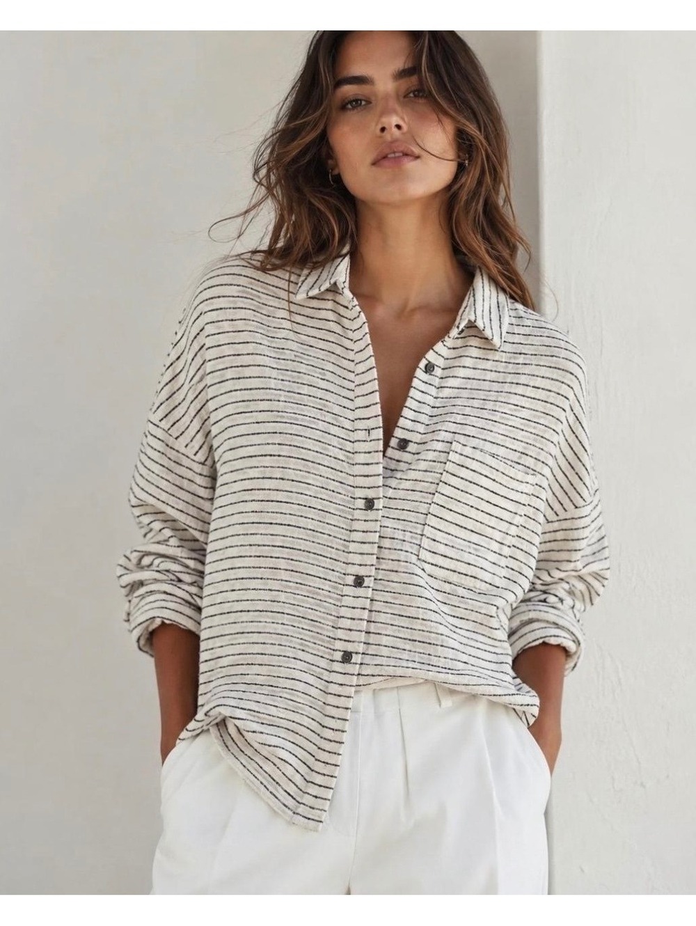 Madewell Women’s Striped Button Down Shirt Cream Navy Long Sleeve Casual Top